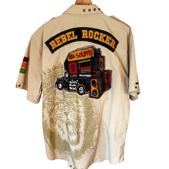 Rebel Spirit Rare Y2K Rebel Rocker Embroidered Button Up Men’s Khaki Top Sz XXL - Picture 3 of 12